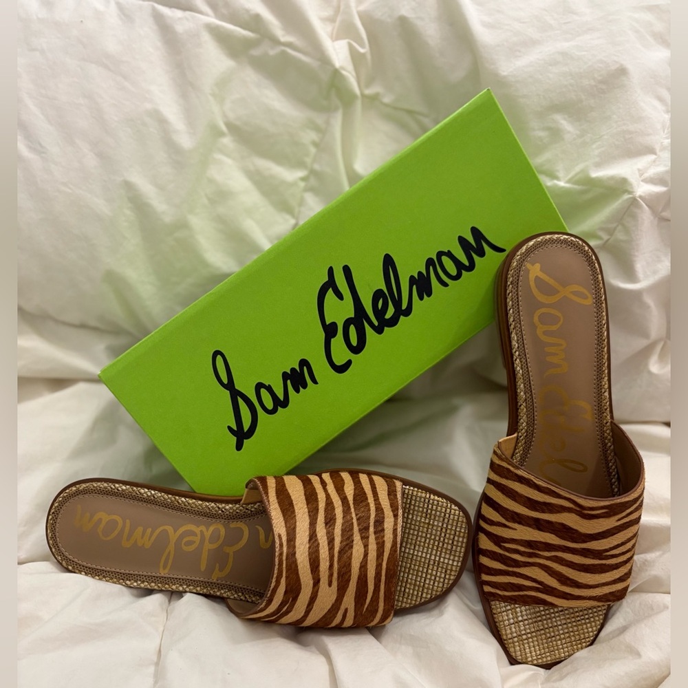Brand new size 11 real fur Sam Edelman Brown Zebra Print Women's Slides - Picture 2 of 8